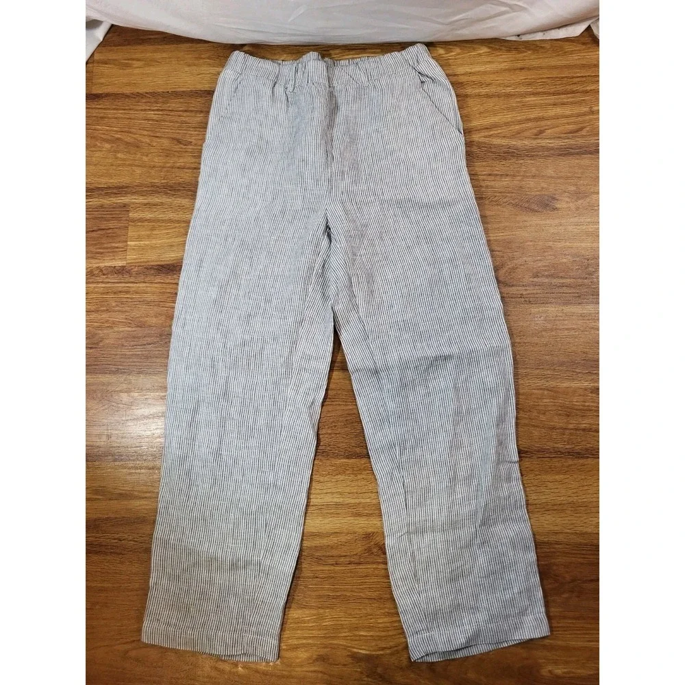 Quince Women XS 100% European Linen Pinstripe Elastic Waist Crop Pant Blue White